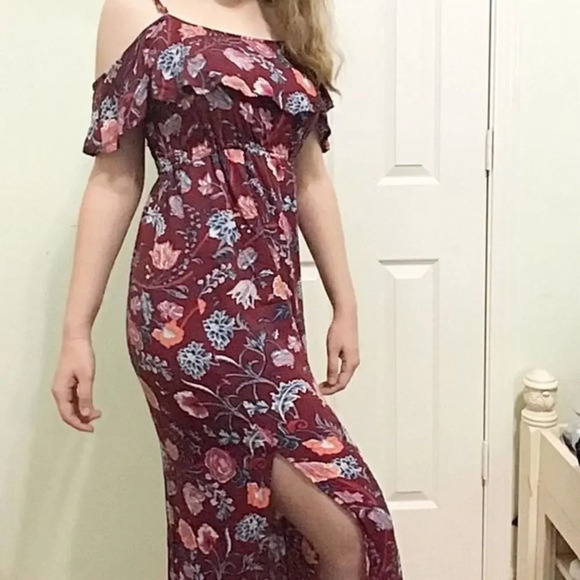 LUCKY BRAND Burgundy Boho Maxi Dress Size Small Floral - Picture 2 of 5